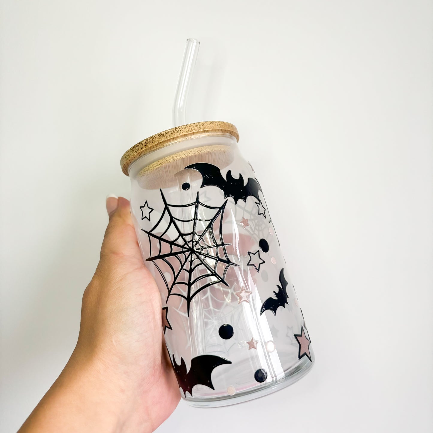 16oz Reusable autumn and halloween spooky glass can with bamboo lid and straw