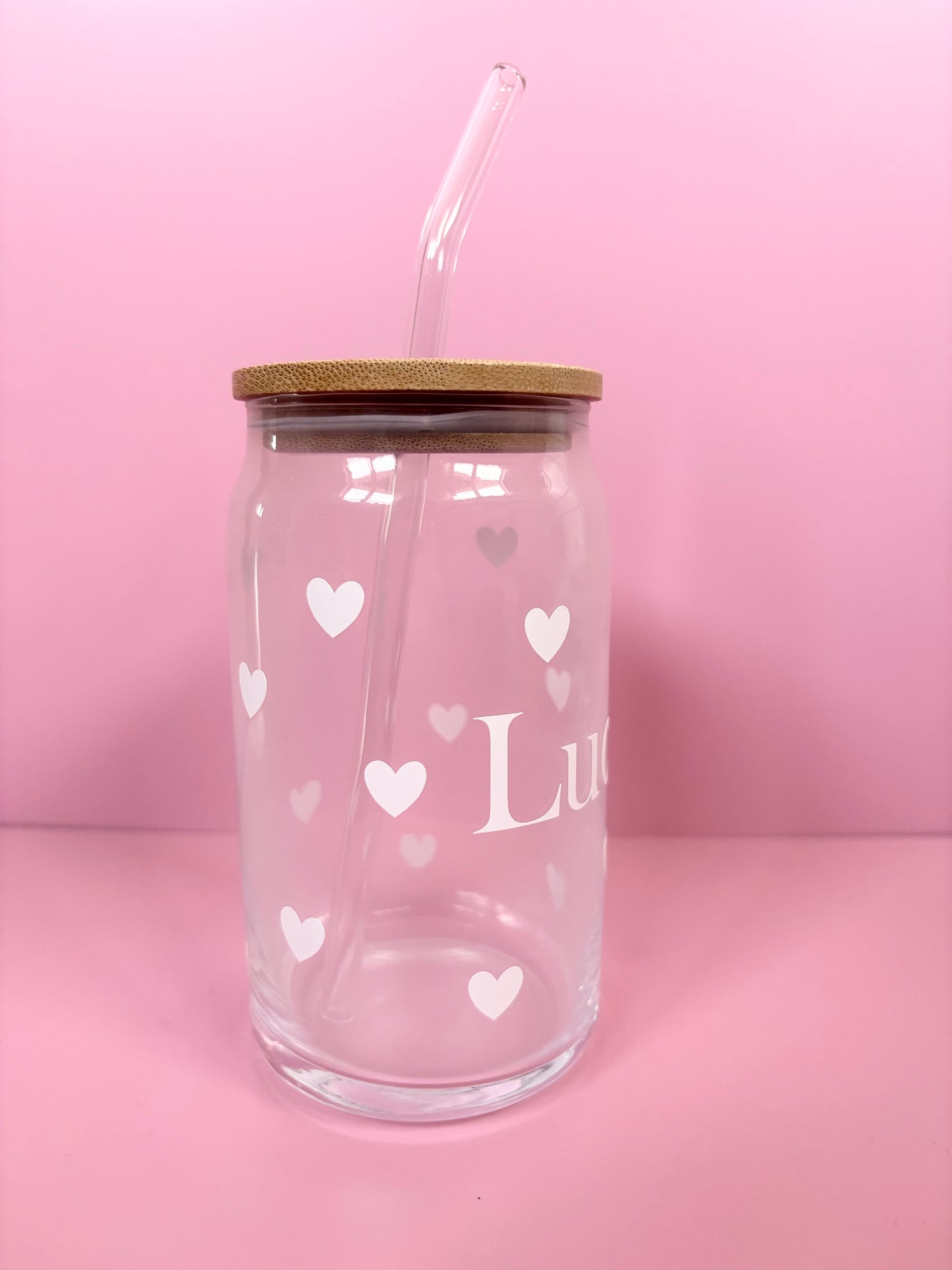 Personalised Glass Can 16oz with Bamboo Lid & Straw - Custom Hearts Design