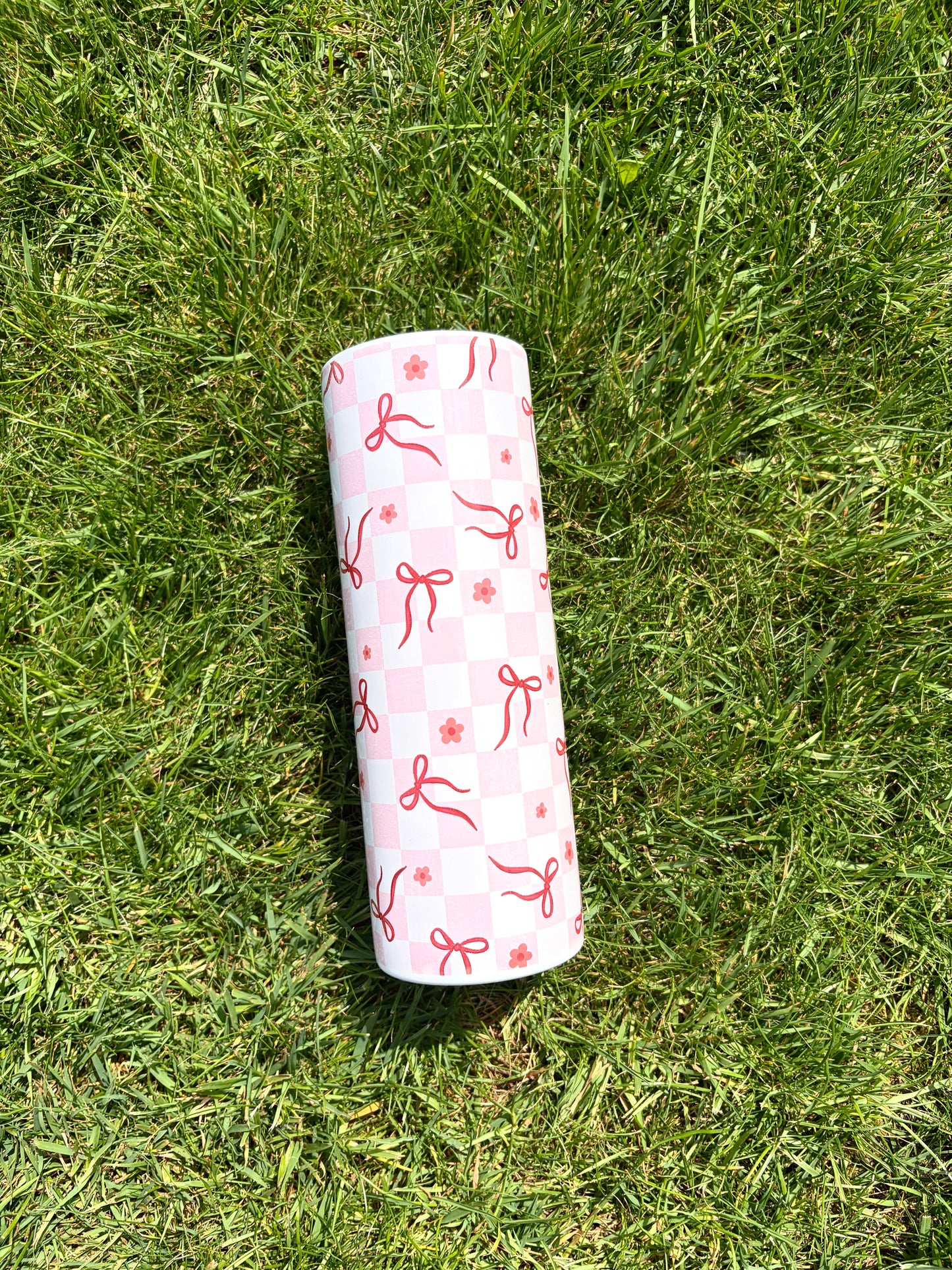 20oz cute pink chequered bows insulated metal tumbler