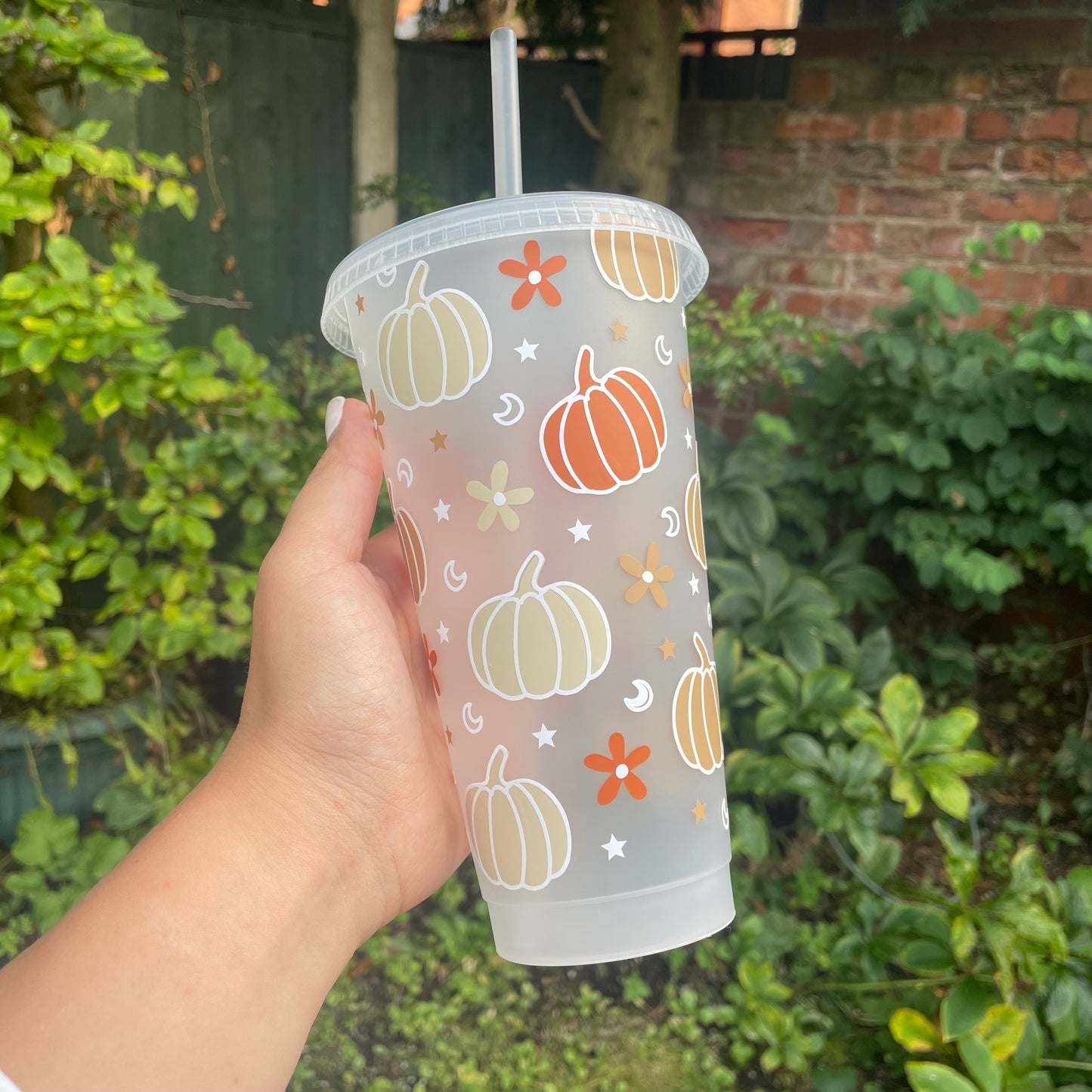24oz Autumn Pumpkin Reusable Cold Coffee Cup - Fall Tumbler with Lid and Straw