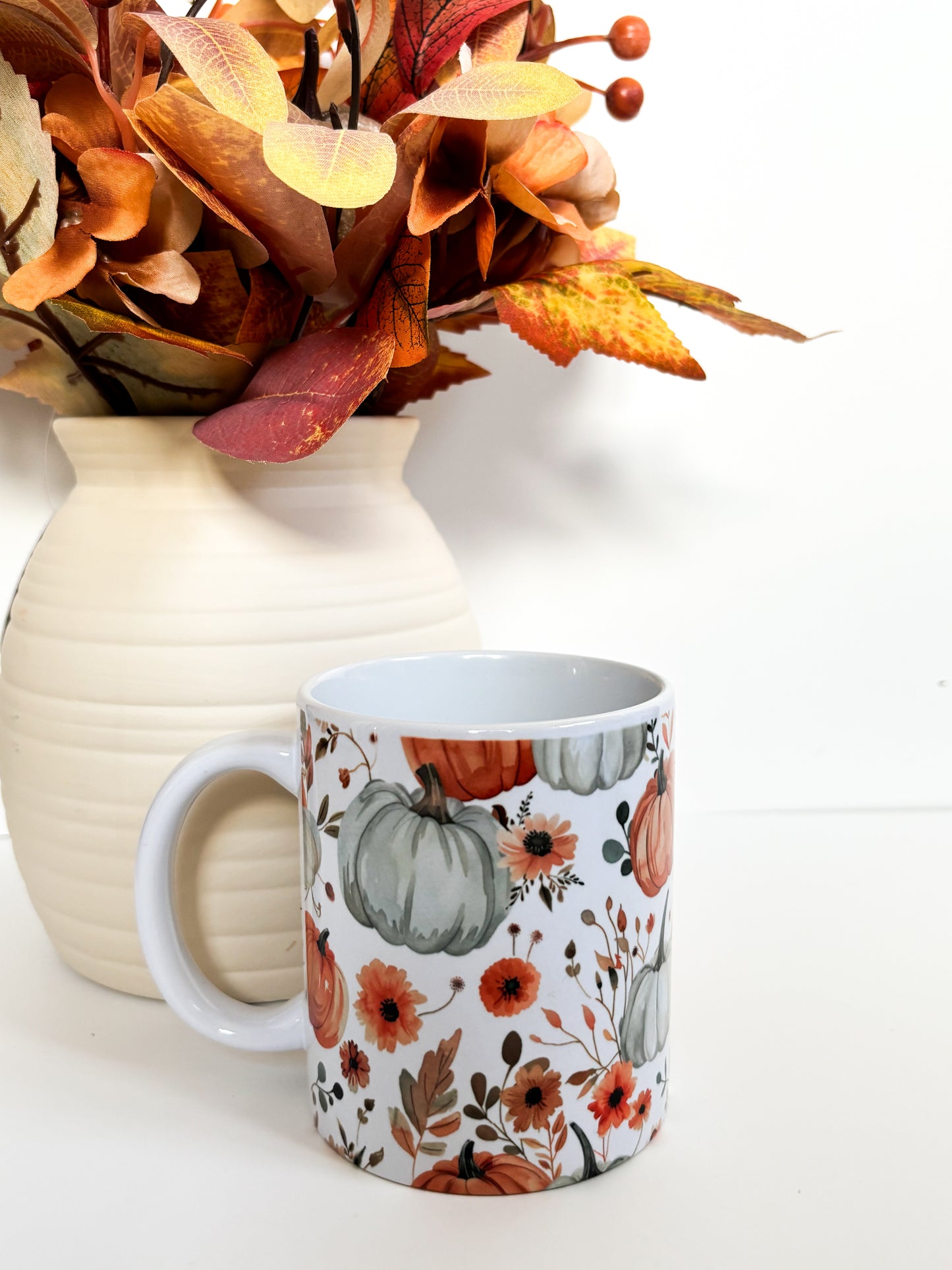 Autumn Pumpkins & Wildflowers Ceramic Mug | 11oz Watercolour Coffee Mug