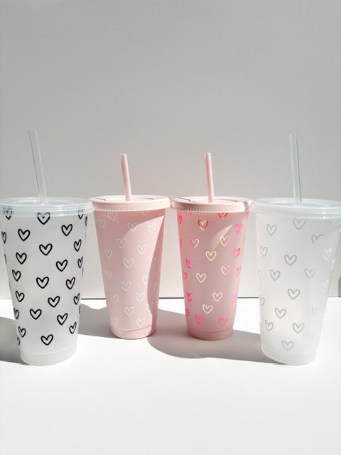 24oz Reusable Cold Coffee Cup with Hearts - Tumbler with Lid and Straw