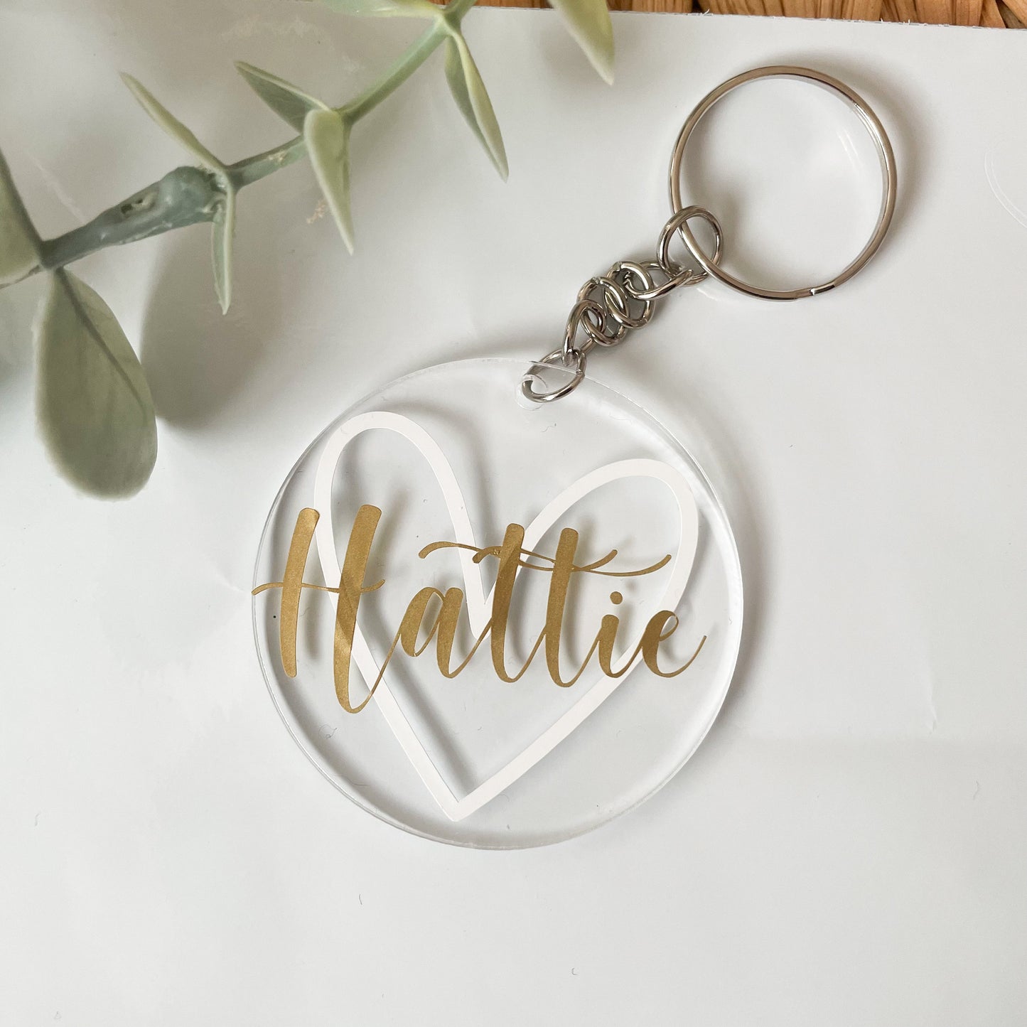 Personalised Round Acrylic Keyring with Heart Design
