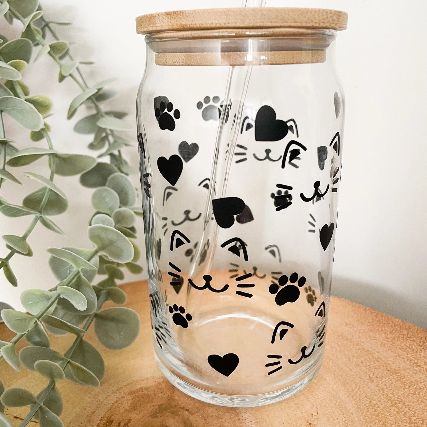 Cat Glass Can - 16oz Reusable Cup with Bamboo Lid & Straw