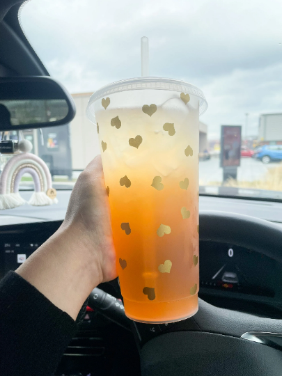 24oz Reusable Cold Cup with Hearts Design - Customisable Tumbler with Lid and Straw