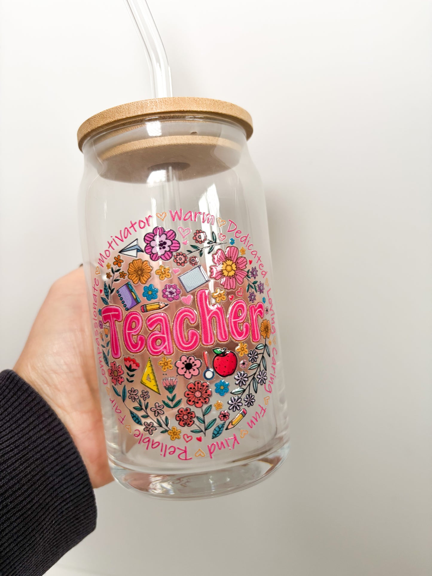 16oz Teacher Glass Can with Bamboo Lid and Glass Straw - Teacher Appreciation Gift