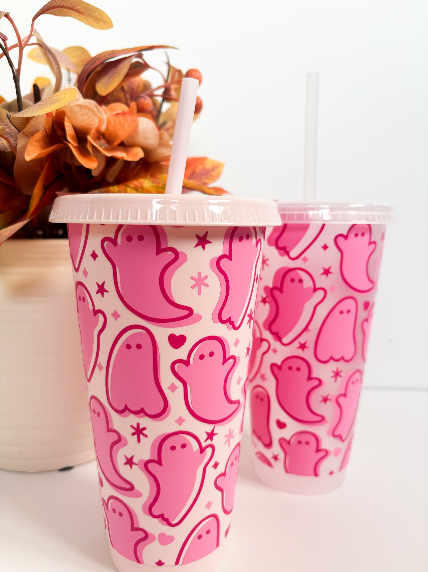 Reusable Halloween Pink Ghosts Cold Cup | 24oz Iced Coffee Cup with Lid & Straw