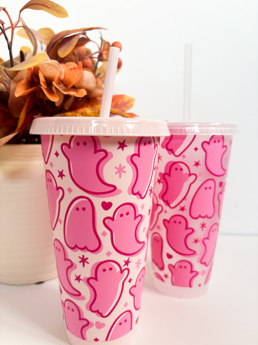 Reusable Halloween Pink Ghosts Cold Cup | 24oz Iced Coffee Cup with Lid & Straw