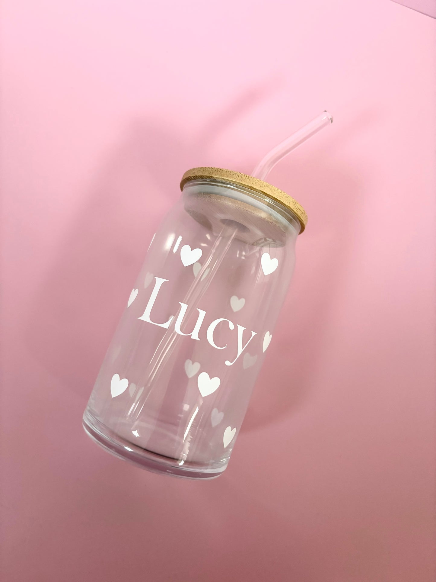 Personalised Glass Can 16oz with Bamboo Lid & Straw - Custom Hearts Design