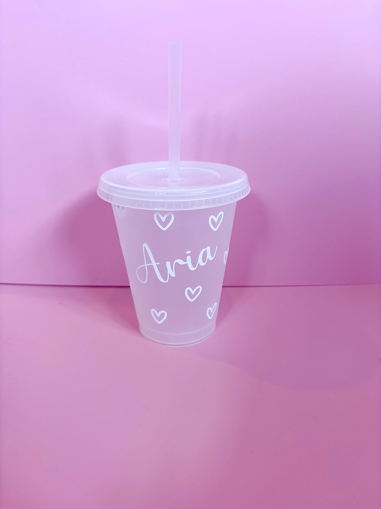 Personalised Children's Cup with Hearts | Kids Custom Cold Cup with Lid & Straw
