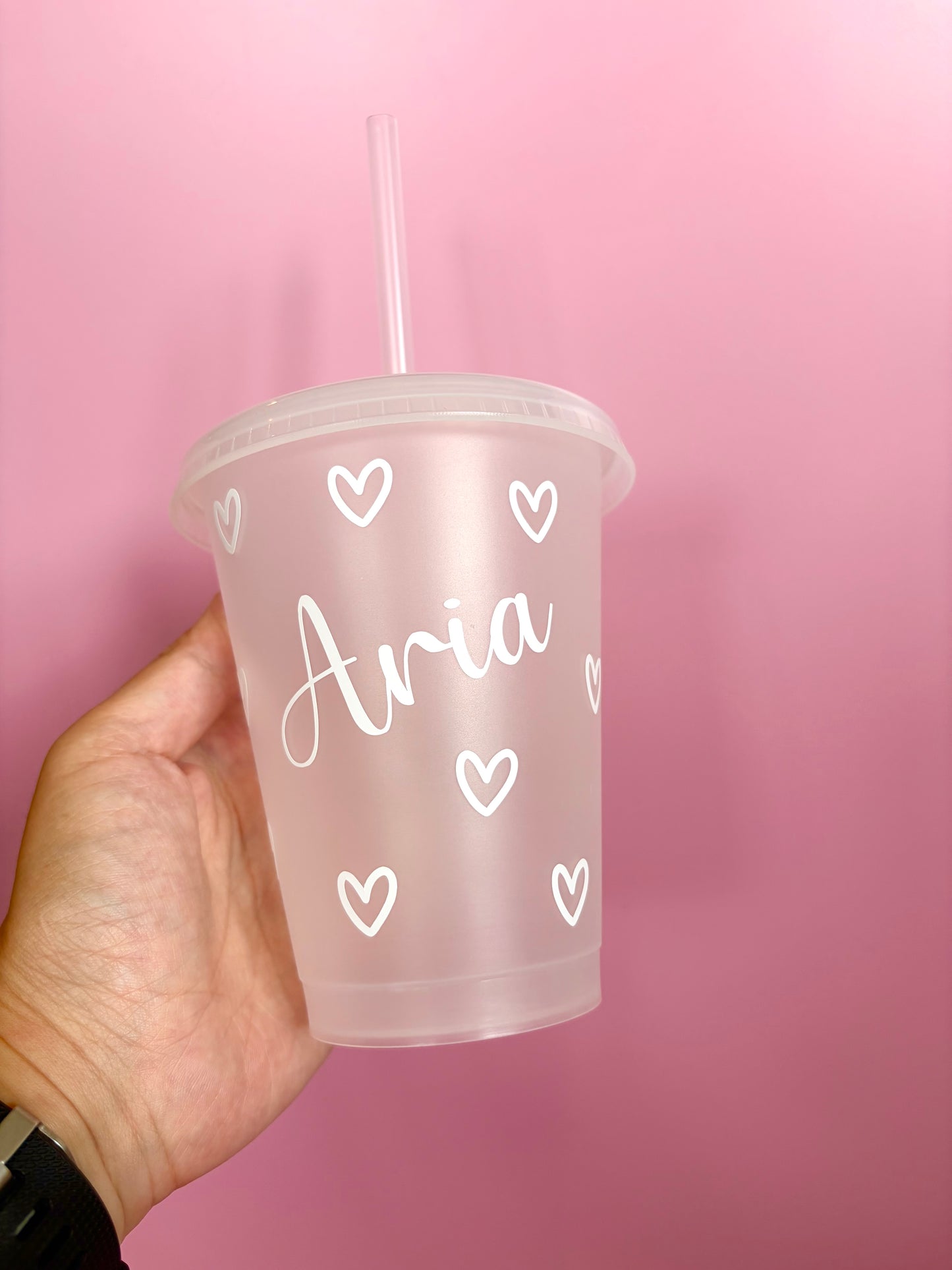 Personalised Children's Cup with Hearts | Kids Custom Cold Cup with Lid & Straw