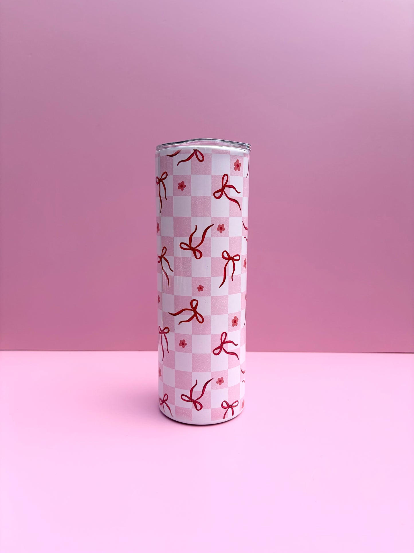 20oz cute pink chequered bows insulated metal tumbler