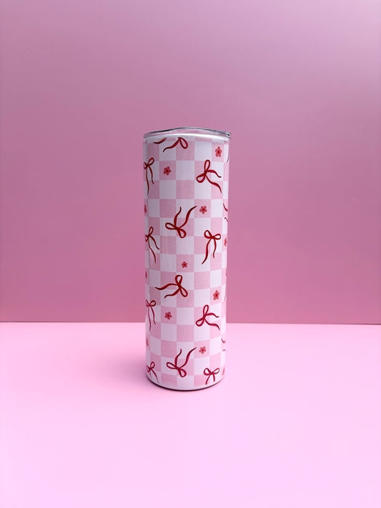 20oz cute pink chequered bows insulated metal tumbler