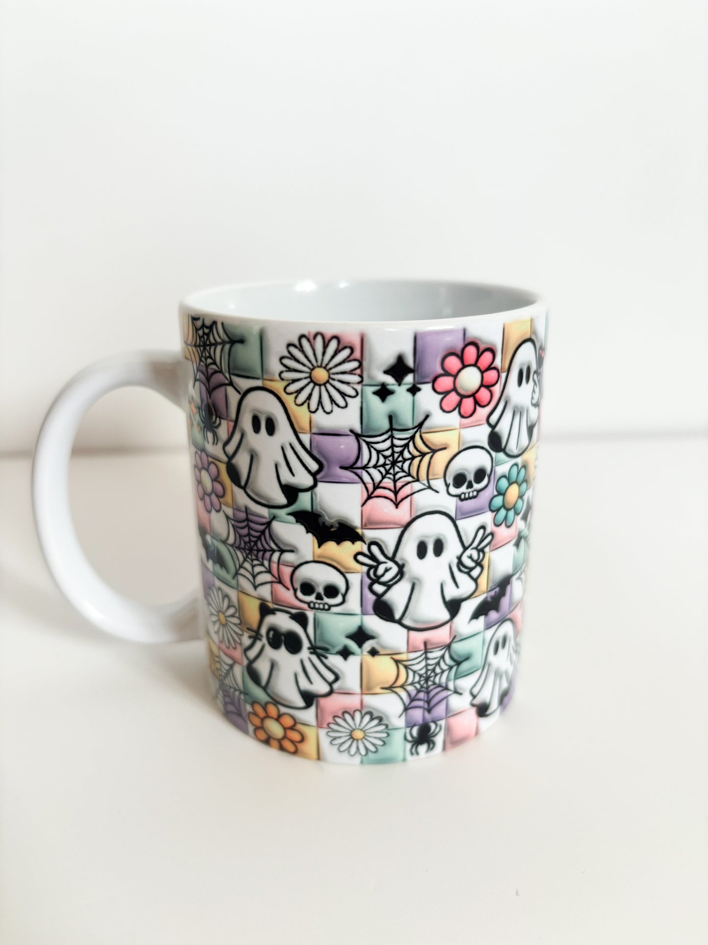 Halloween Cute Ghosts Ceramic Mug | 11oz Pastel Checkerboard Coffee Mug