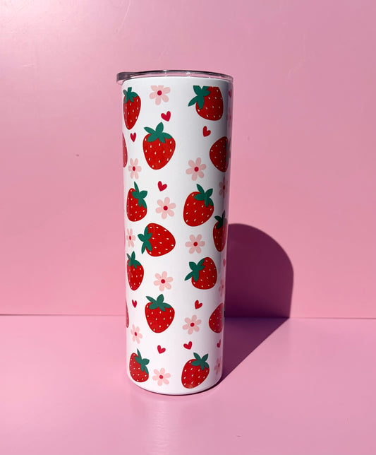 Strawberry & Floral 20oz Metal Tumbler with Lid & Straw | Hot & Cold Insulated