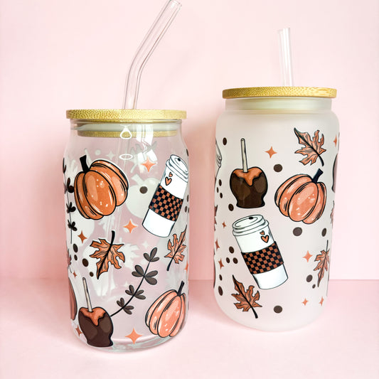16oz Autumn Glass Can Tumbler with Bamboo Lid & Straw