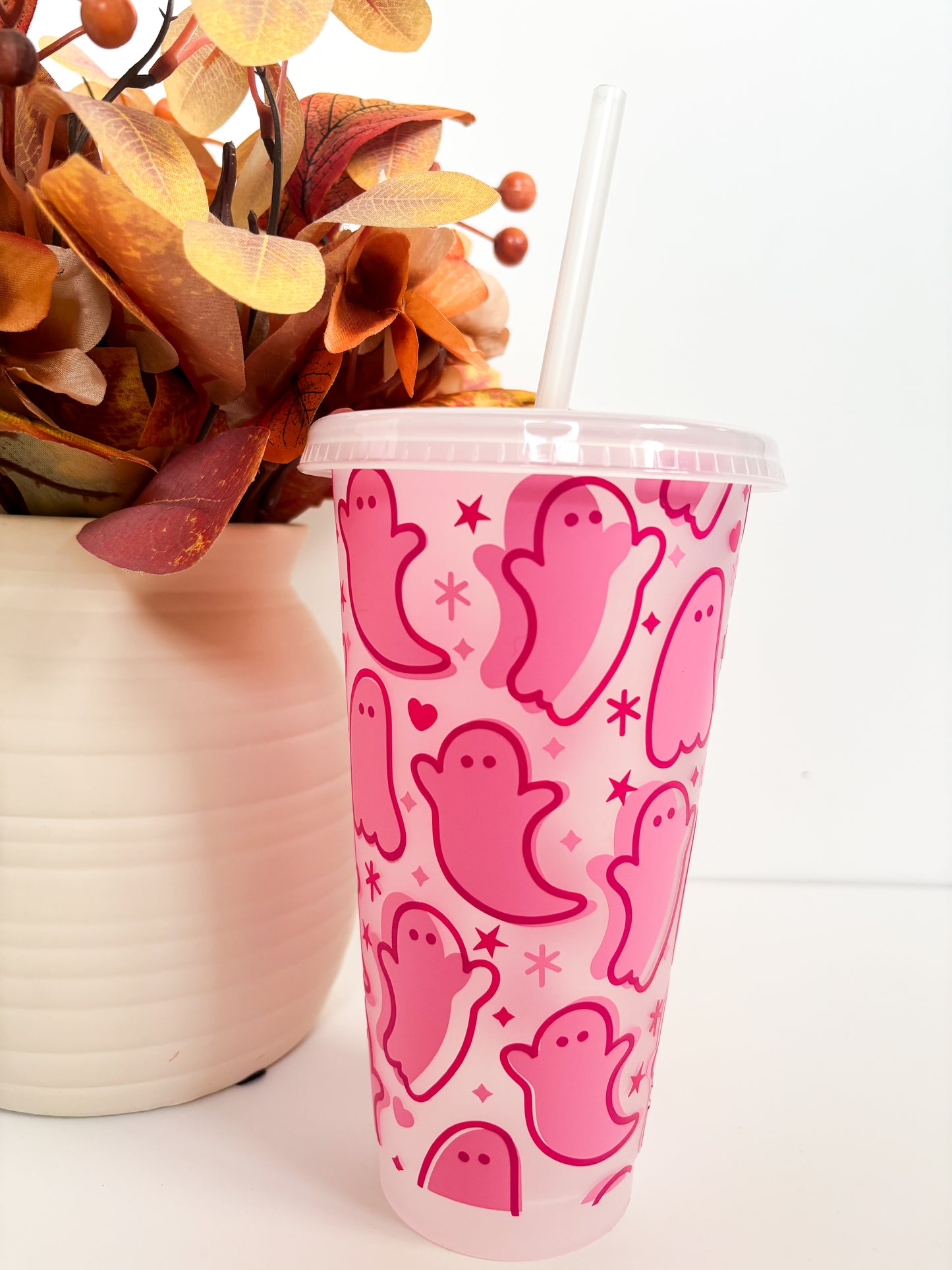 Reusable Halloween Pink Ghosts Cold Cup | 24oz Iced Coffee Cup with Lid & Straw