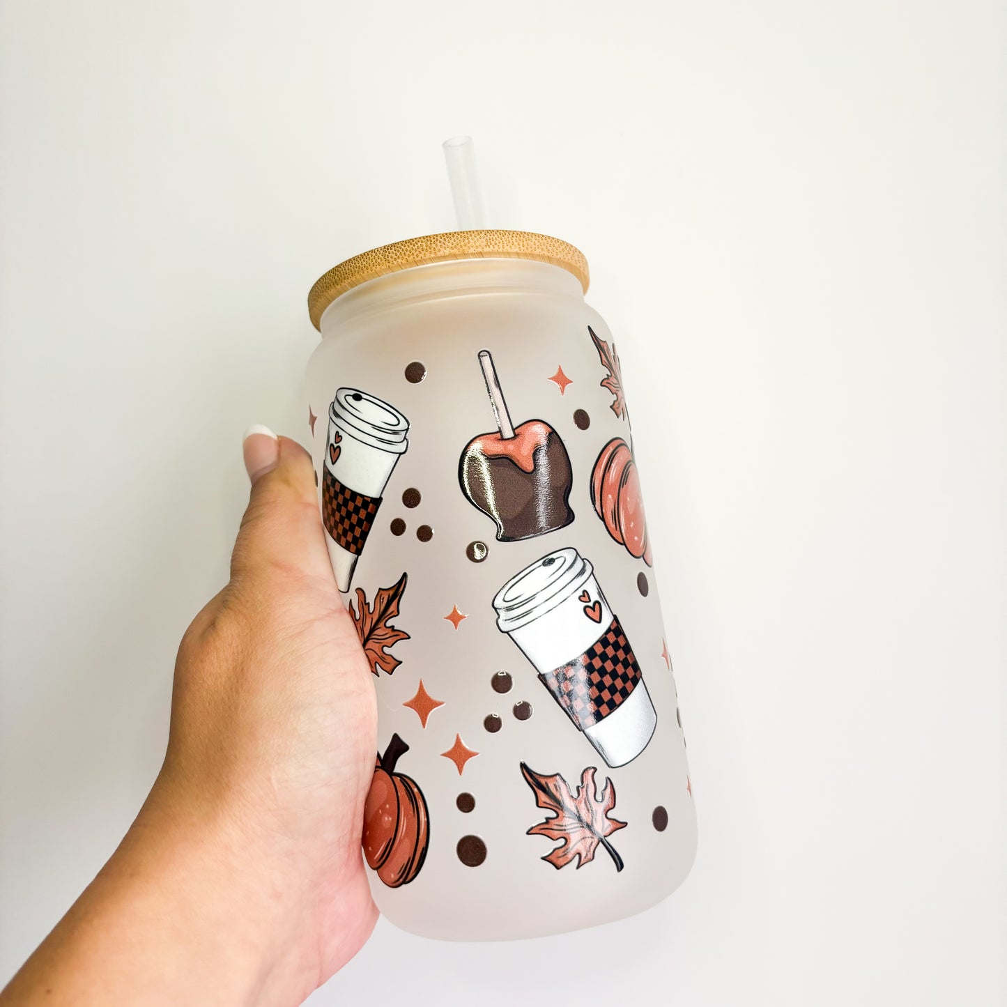 16oz Autumn Glass Can Tumbler with Bamboo Lid & Straw