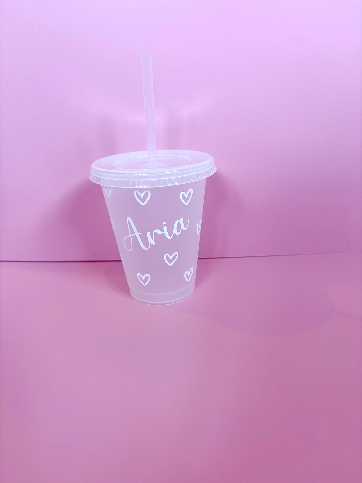 Personalised Children's Cup with Hearts | Kids Custom Cold Cup with Lid & Straw