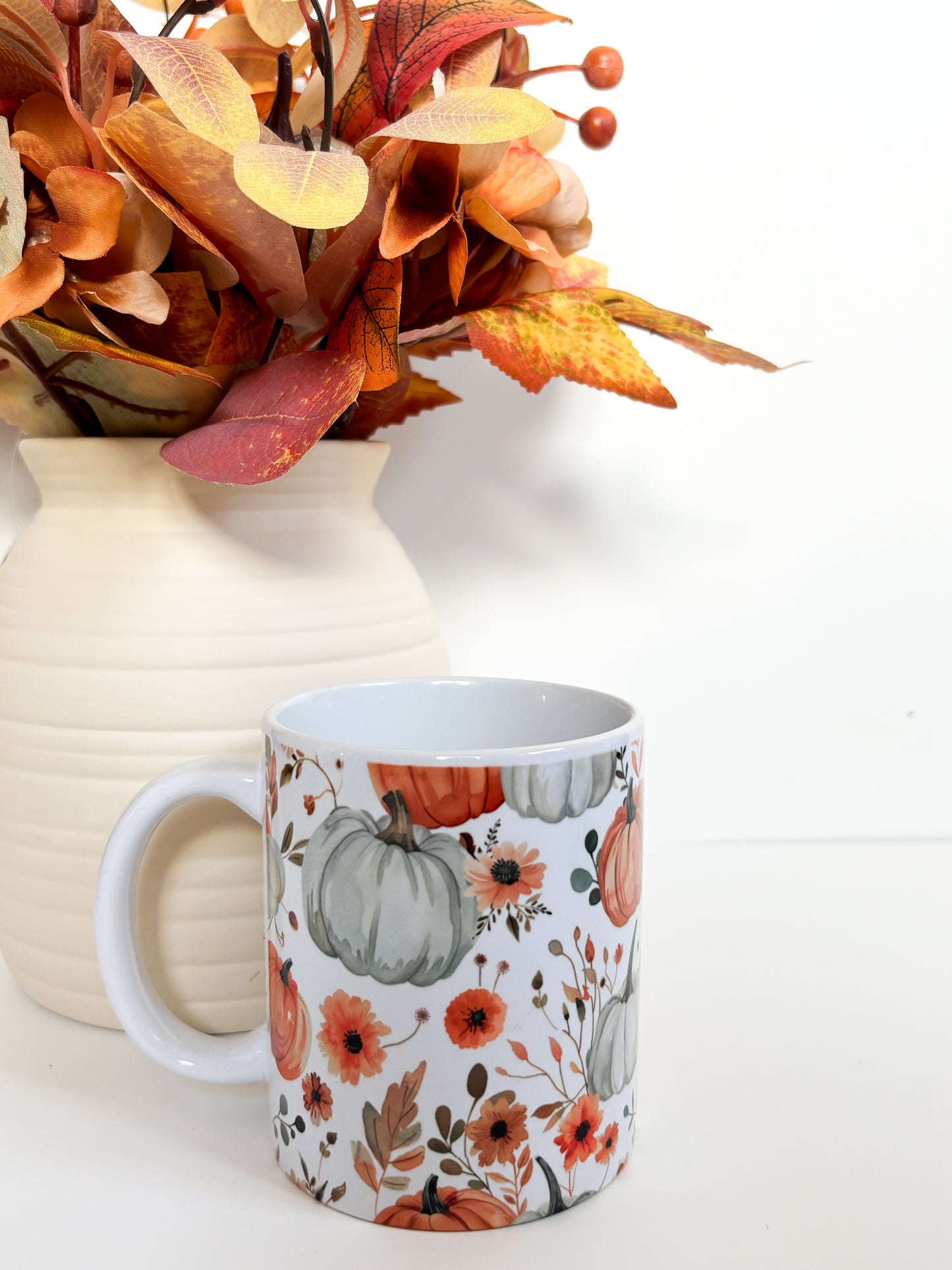 Autumn Pumpkins & Wildflowers Ceramic Mug | 11oz Watercolour Coffee Mug