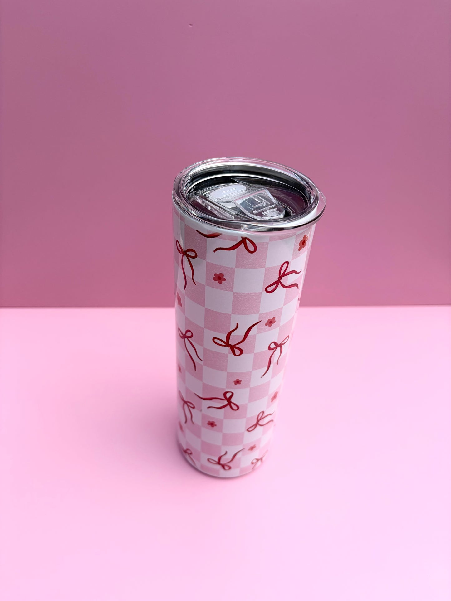 20oz cute pink chequered bows insulated metal tumbler