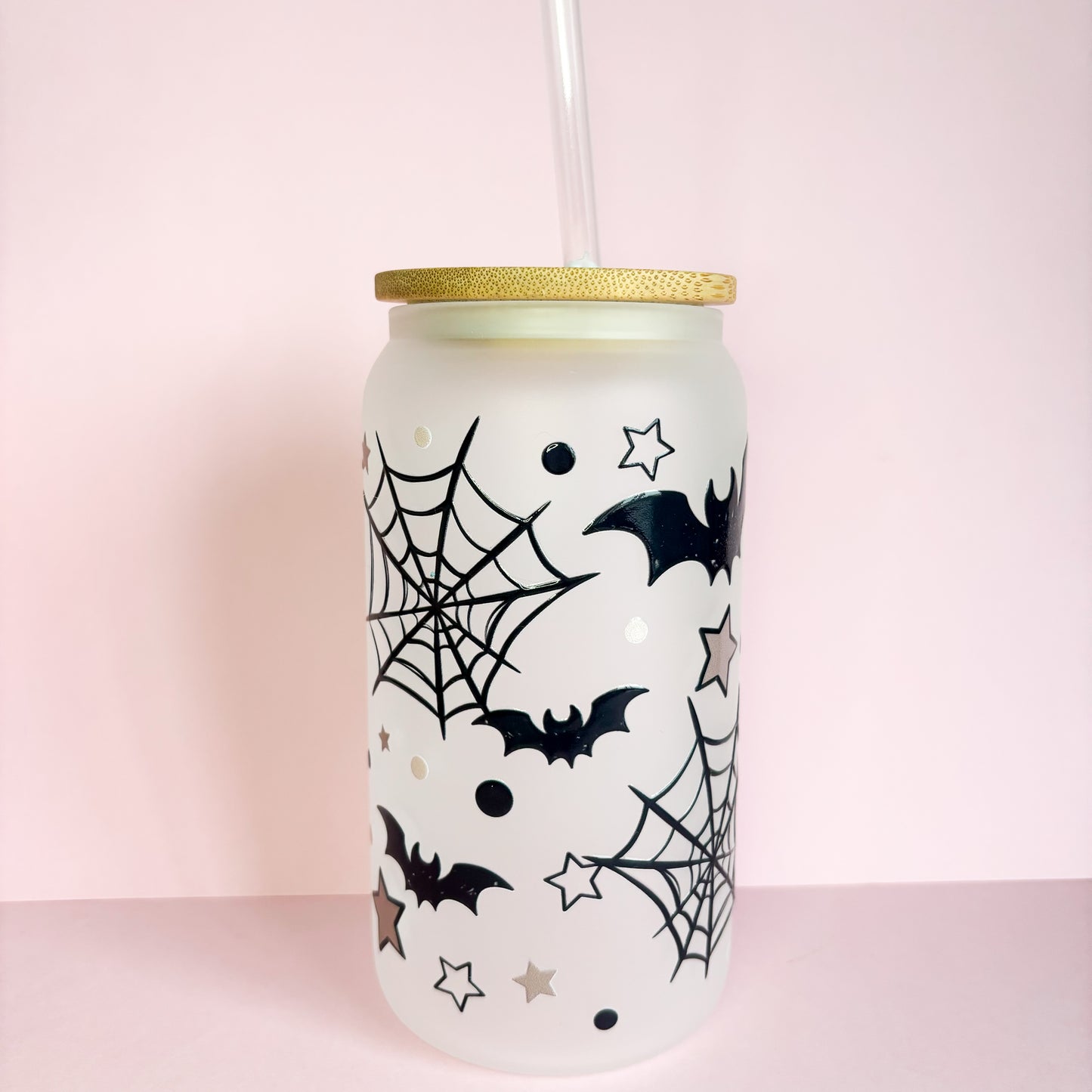 16oz Reusable autumn and halloween spooky glass can with bamboo lid and straw