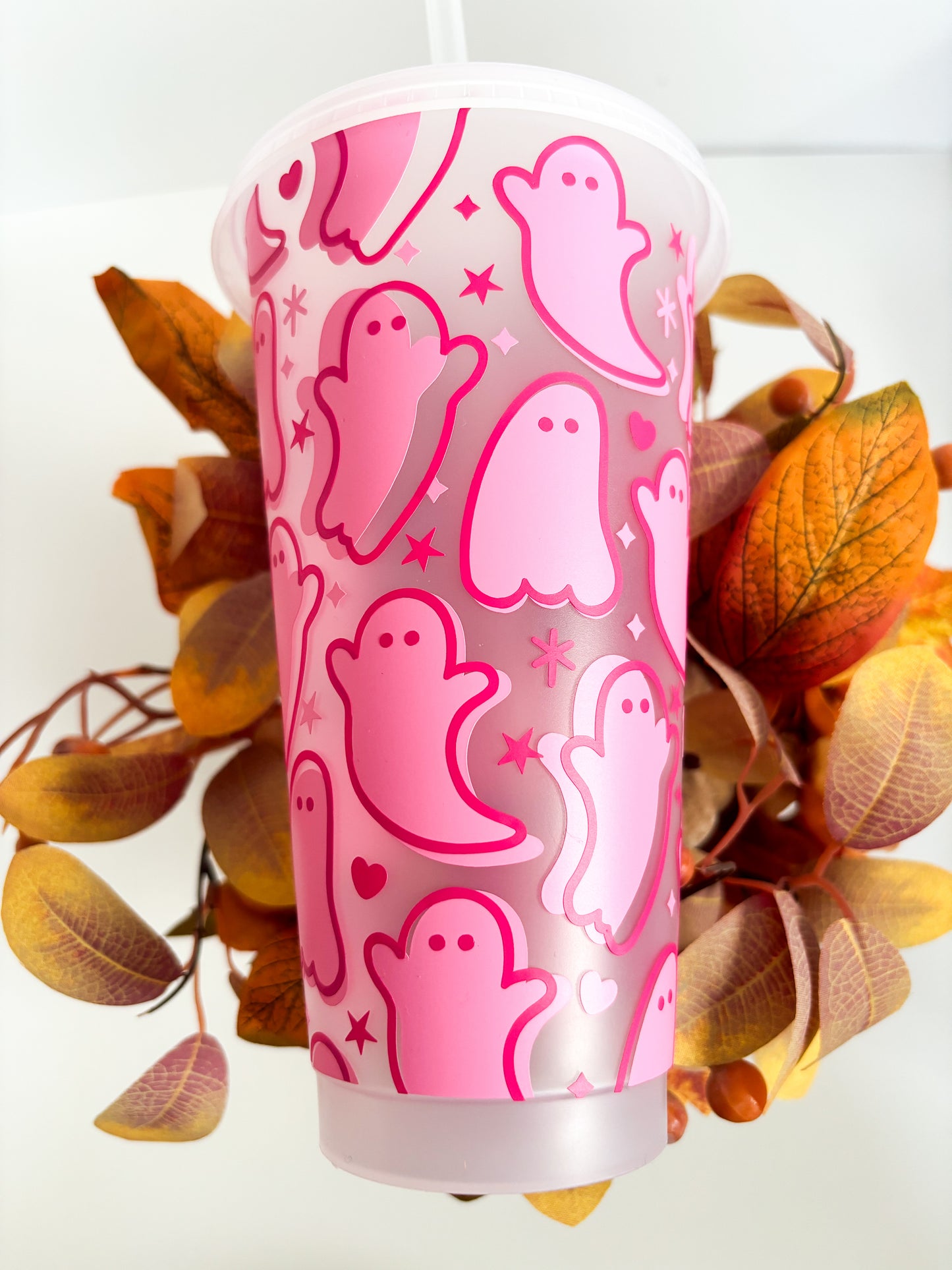 Reusable Halloween Pink Ghosts Cold Cup | 24oz Iced Coffee Cup with Lid & Straw