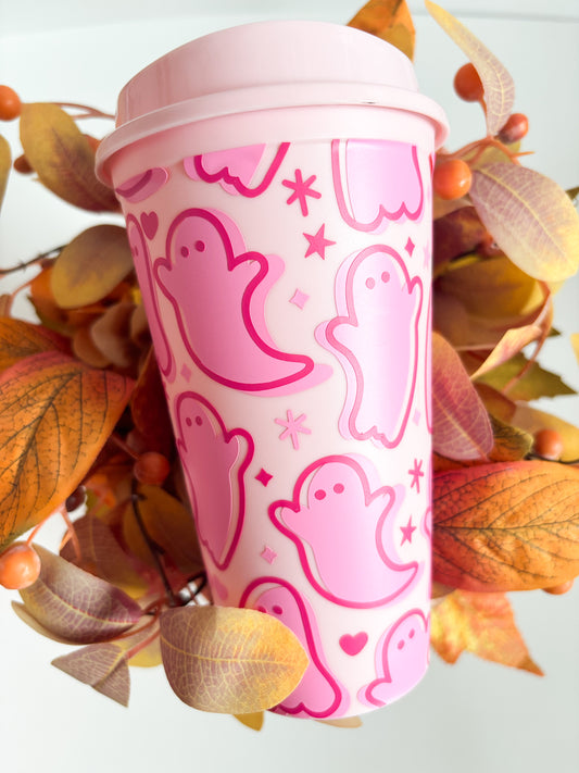 Reusable Halloween Pink Ghosts Hot Cup | 16oz Eco-Friendly Travel Mug