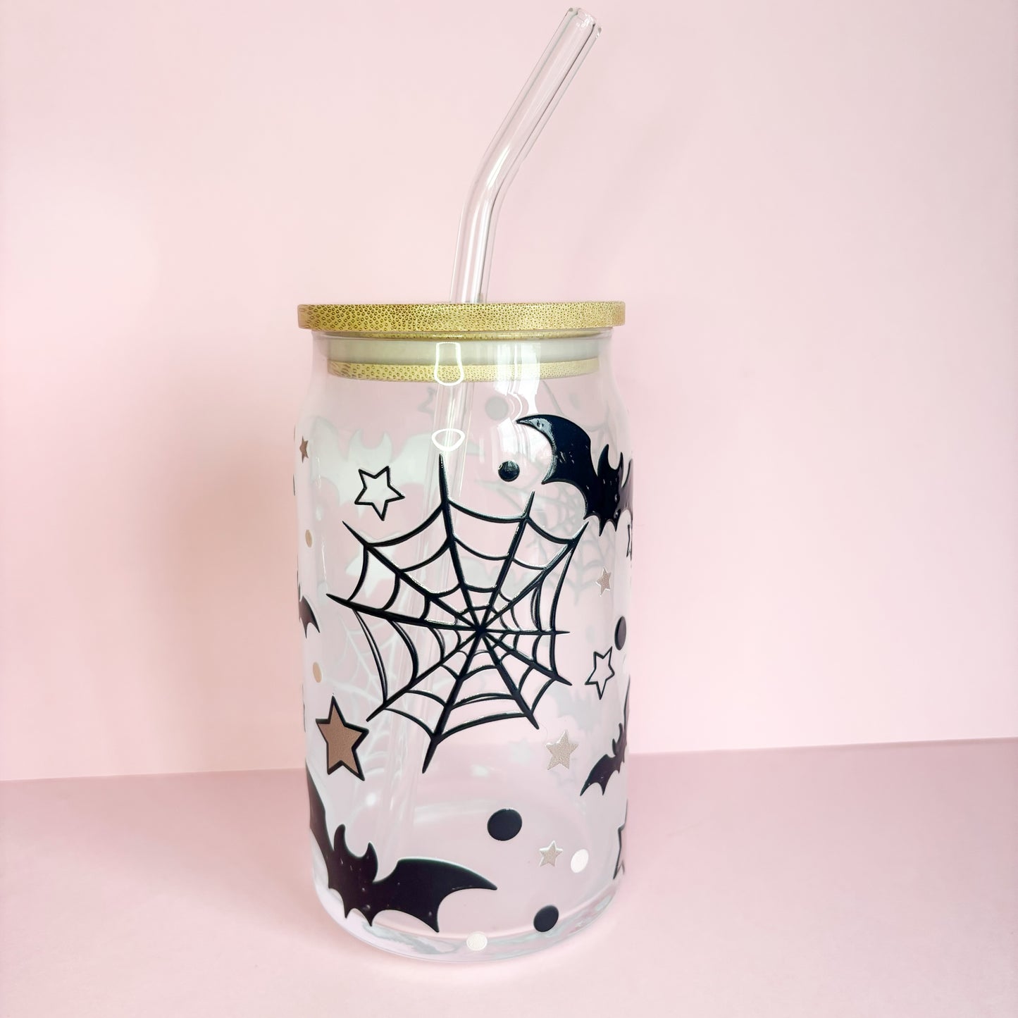 16oz Reusable autumn and halloween spooky glass can with bamboo lid and straw