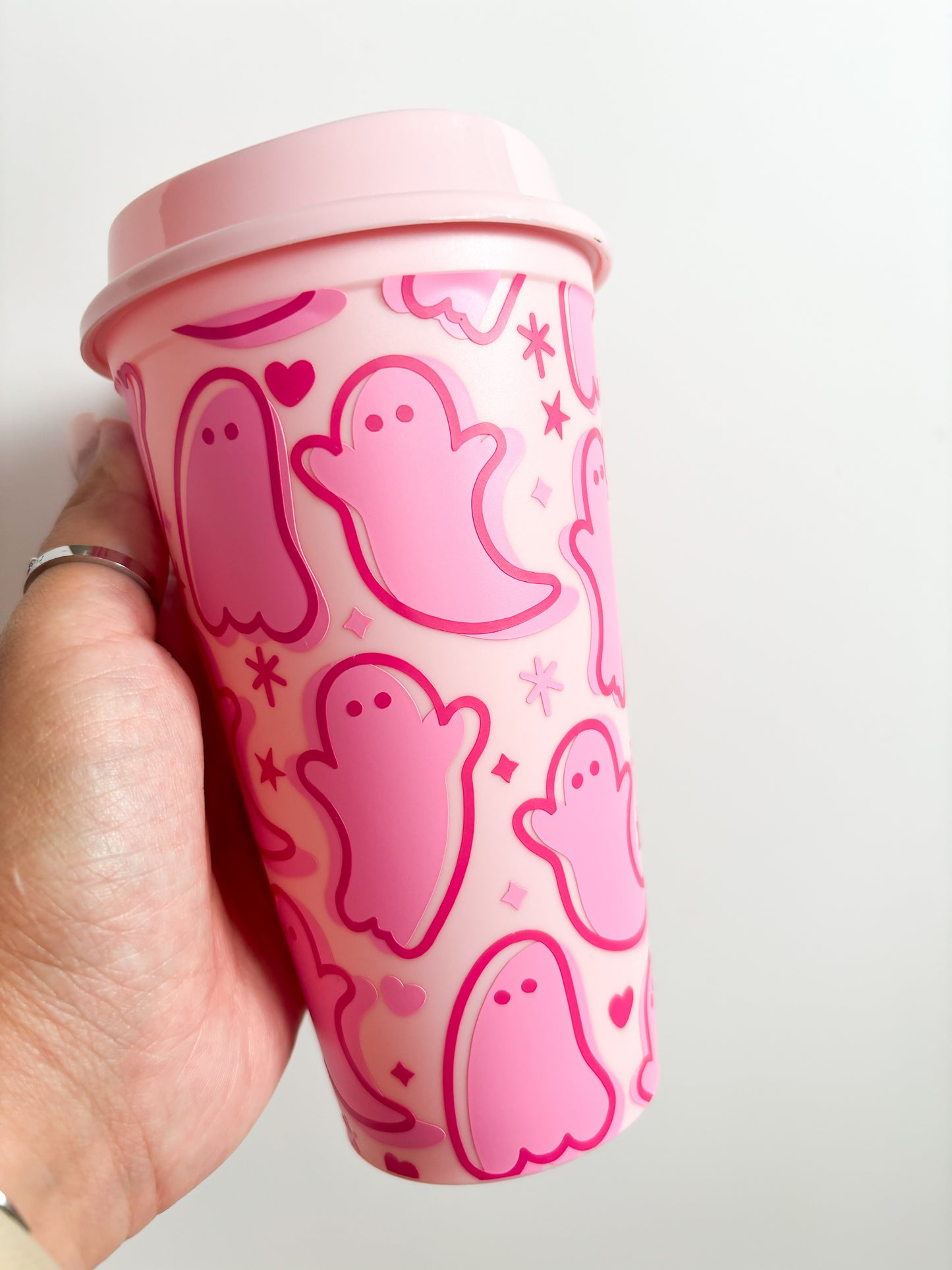 Reusable Halloween Pink Ghosts Hot Cup | 16oz Eco-Friendly Travel Mug