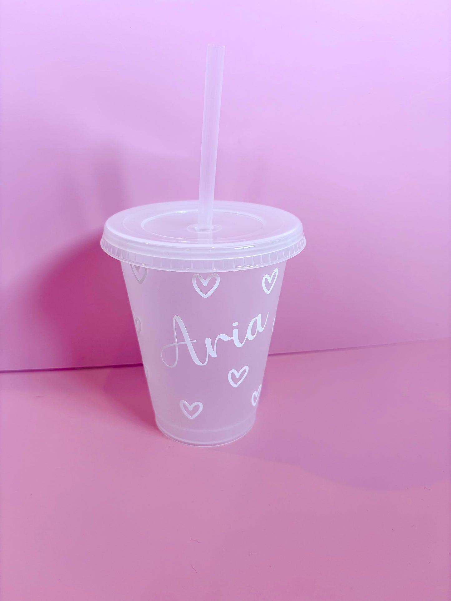 Personalised Children's Cup with Hearts | Kids Custom Cold Cup with Lid & Straw