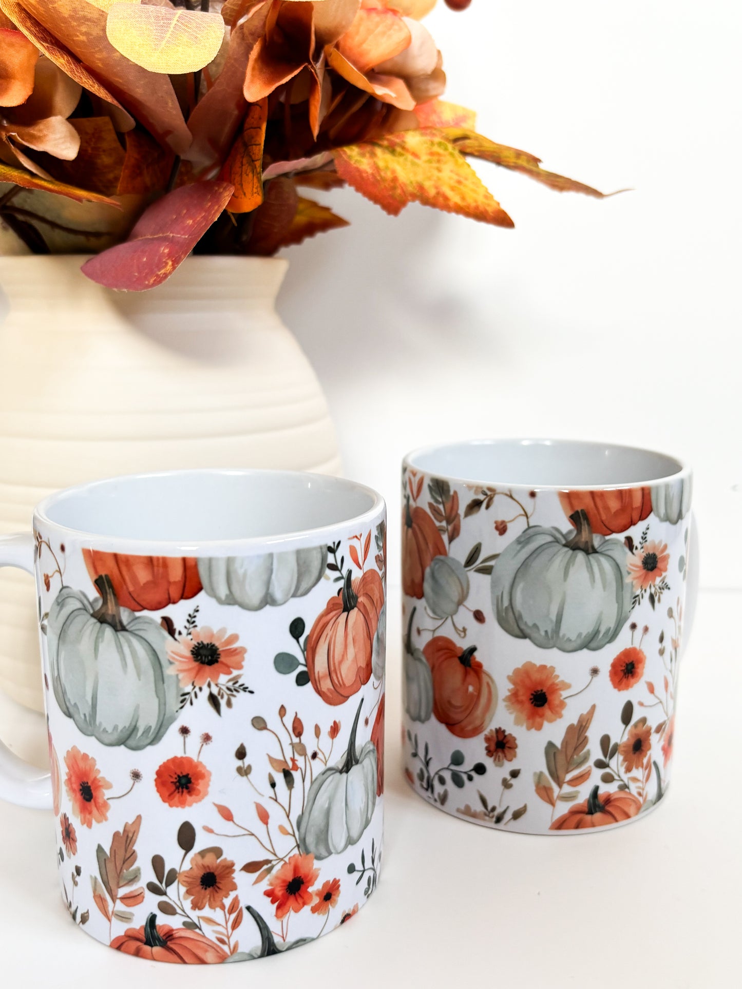 Autumn Pumpkins & Wildflowers Ceramic Mug | 11oz Watercolour Coffee Mug