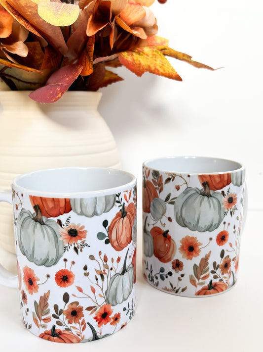 Autumn Pumpkins & Wildflowers Ceramic Mug | 11oz Watercolour Coffee Mug
