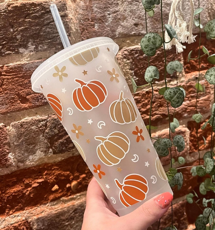 24oz Autumn Pumpkin Reusable Cold Coffee Cup - Fall Tumbler with Lid and Straw