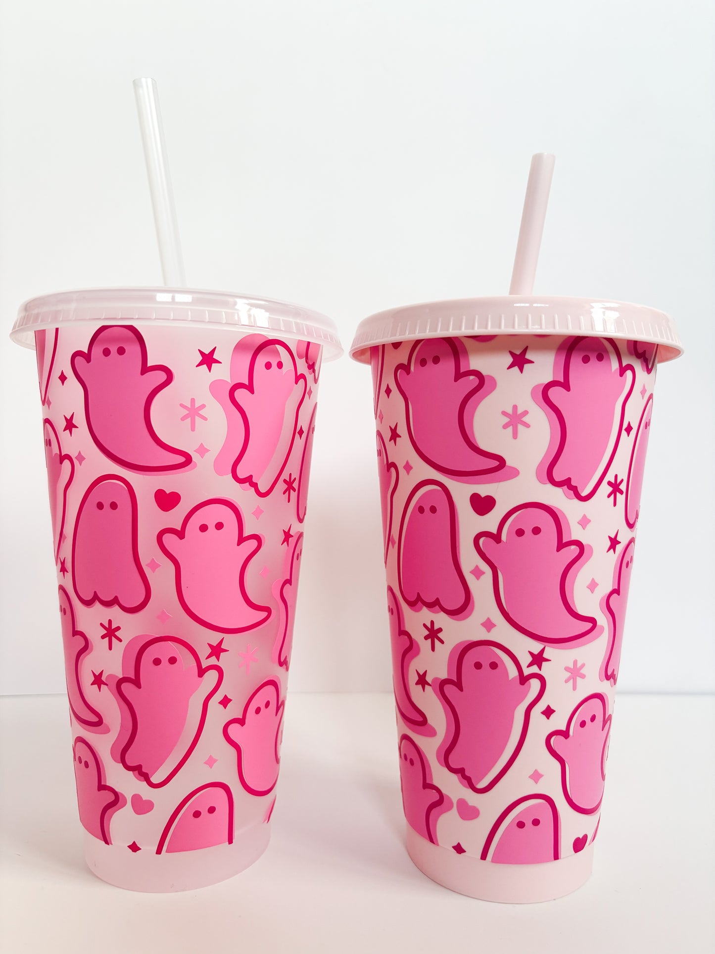Reusable Halloween Pink Ghosts Cold Cup | 24oz Iced Coffee Cup with Lid & Straw