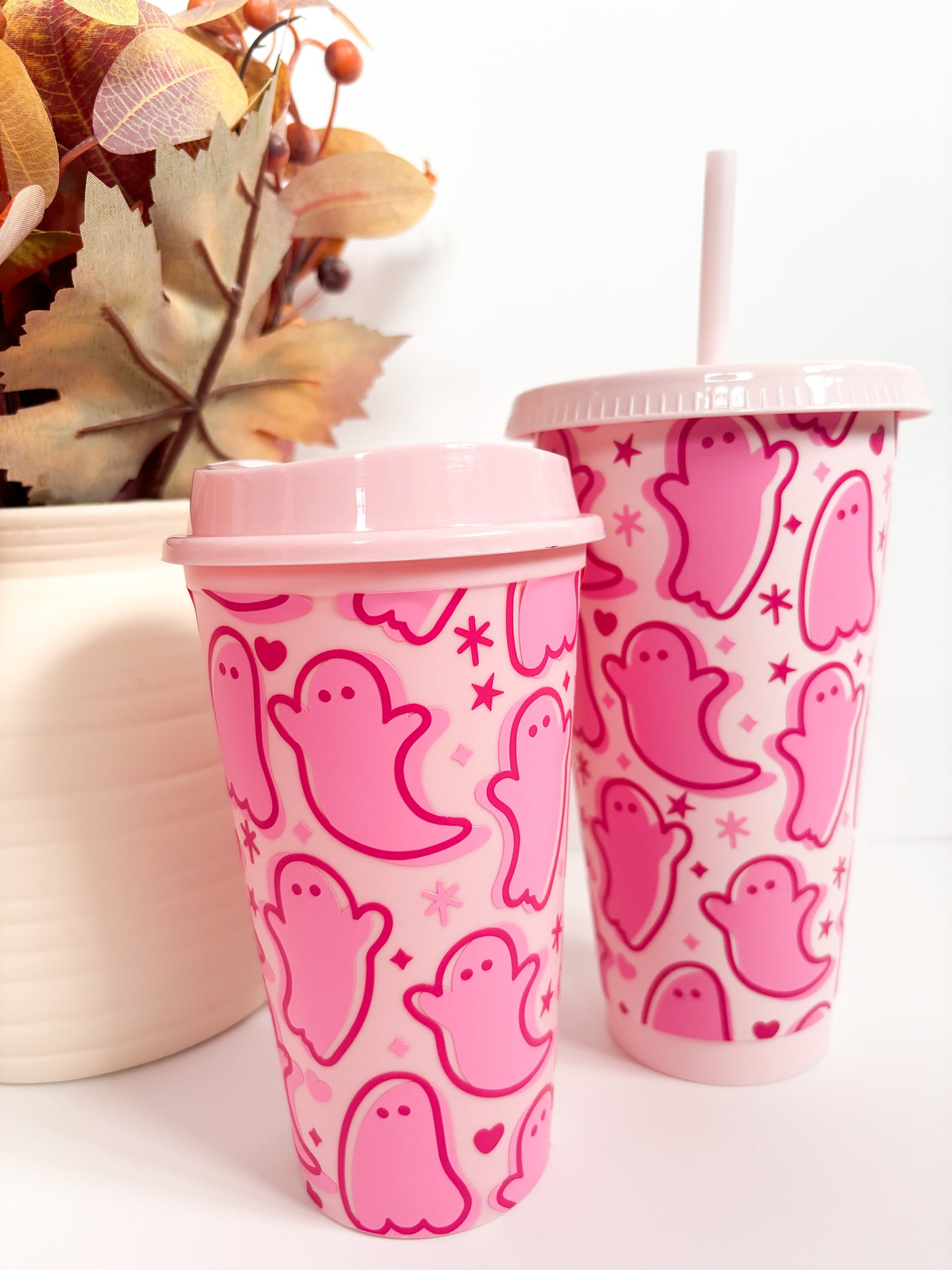 Reusable Halloween Pink Ghosts Cold Cup | 24oz Iced Coffee Cup with Lid & Straw