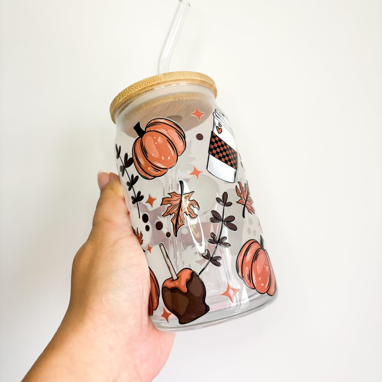 16oz Autumn Glass Can Tumbler with Bamboo Lid & Straw