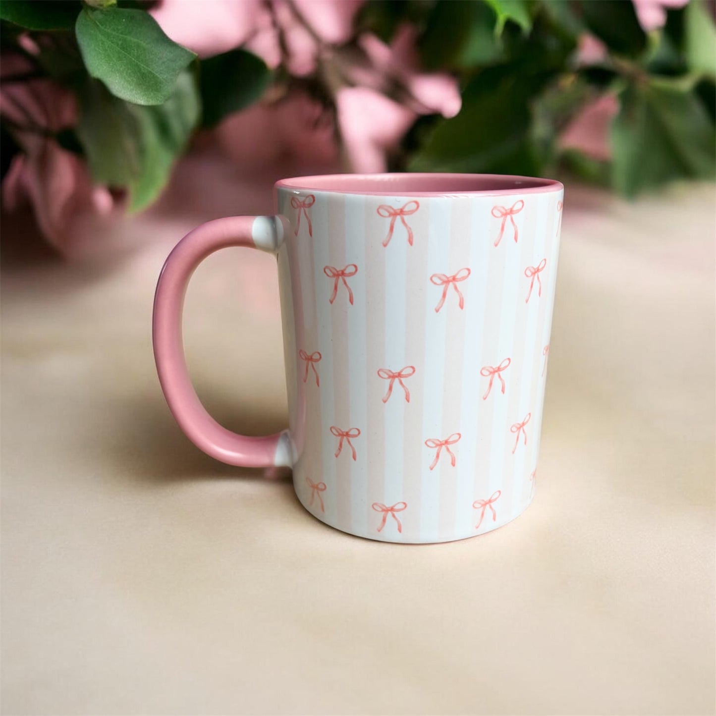 11oz Cute Pink Bows and Stripes Ceramic Mug - Gift for Her