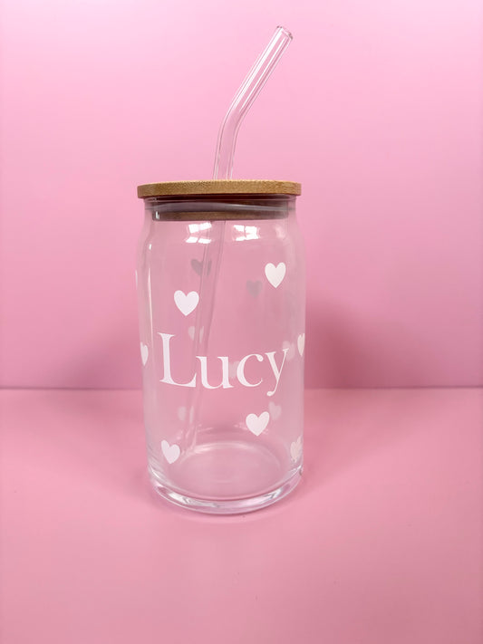 Personalised Glass Can 16oz with Bamboo Lid & Straw - Custom Hearts Design