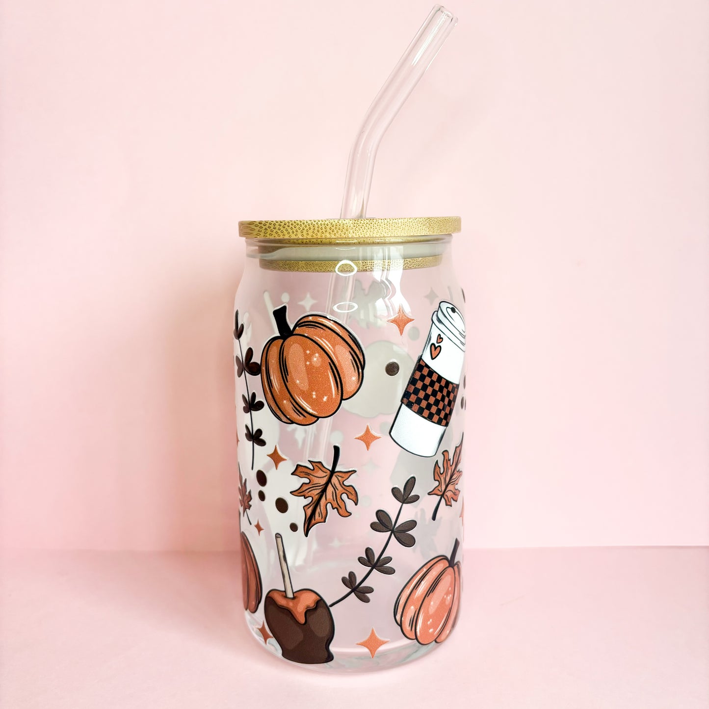 16oz Autumn Glass Can Tumbler with Bamboo Lid & Straw