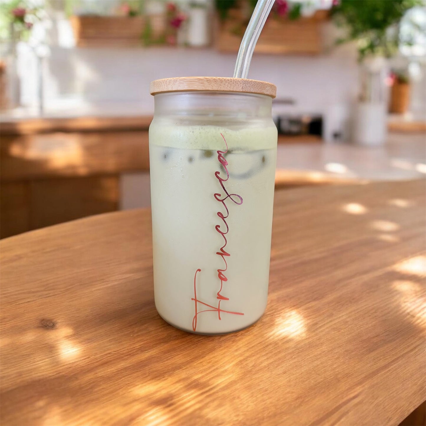 Personalised Glass Can - 16oz with Bamboo Lid & Straw