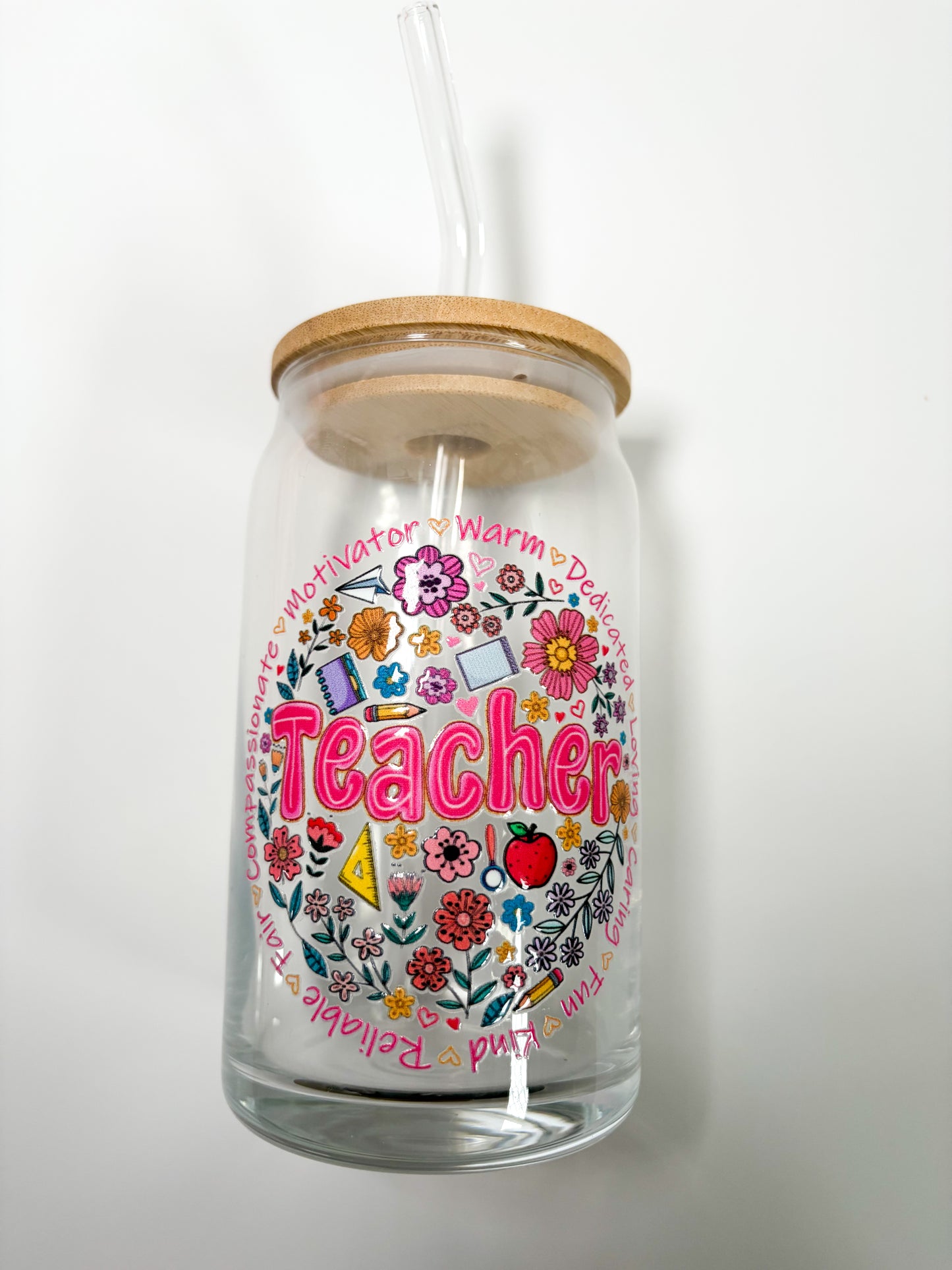 16oz Teacher Glass Can with Bamboo Lid and Glass Straw - Teacher Appreciation Gift