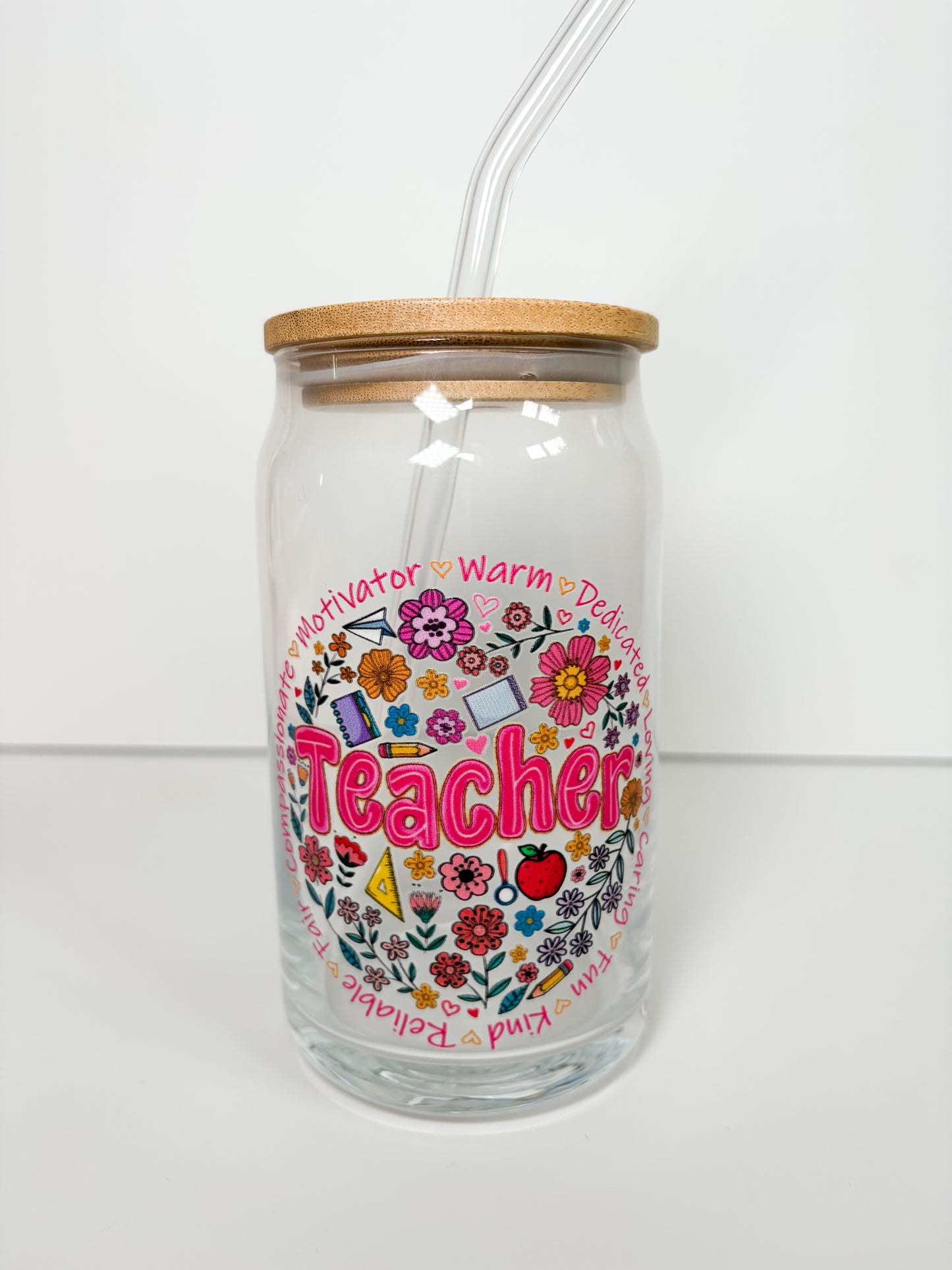 16oz Teacher Glass Can with Bamboo Lid and Glass Straw - Teacher Appreciation Gift