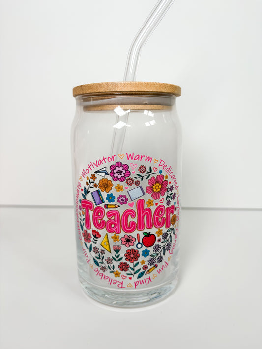 16oz Teacher Glass Can with Bamboo Lid and Glass Straw - Teacher Appreciation Gift