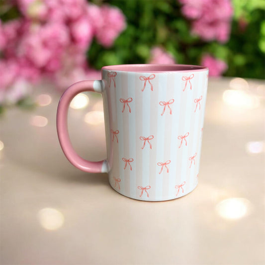 11oz Cute Pink Bows and Stripes Ceramic Mug - Gift for Her