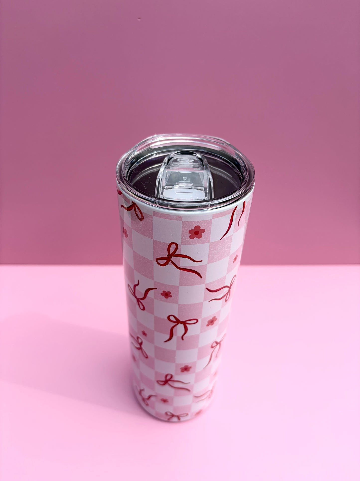 20oz cute pink chequered bows insulated metal tumbler