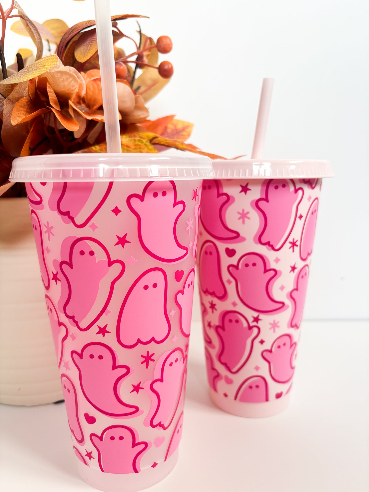 Reusable Halloween Pink Ghosts Cold Cup | 24oz Iced Coffee Cup with Lid & Straw
