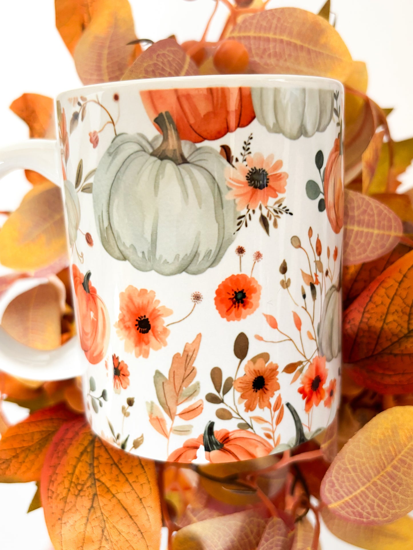 Autumn Pumpkins & Wildflowers Ceramic Mug | 11oz Watercolour Coffee Mug