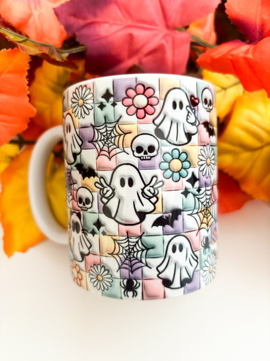 Halloween Cute Ghosts Ceramic Mug | 11oz Pastel Checkerboard Coffee Mug