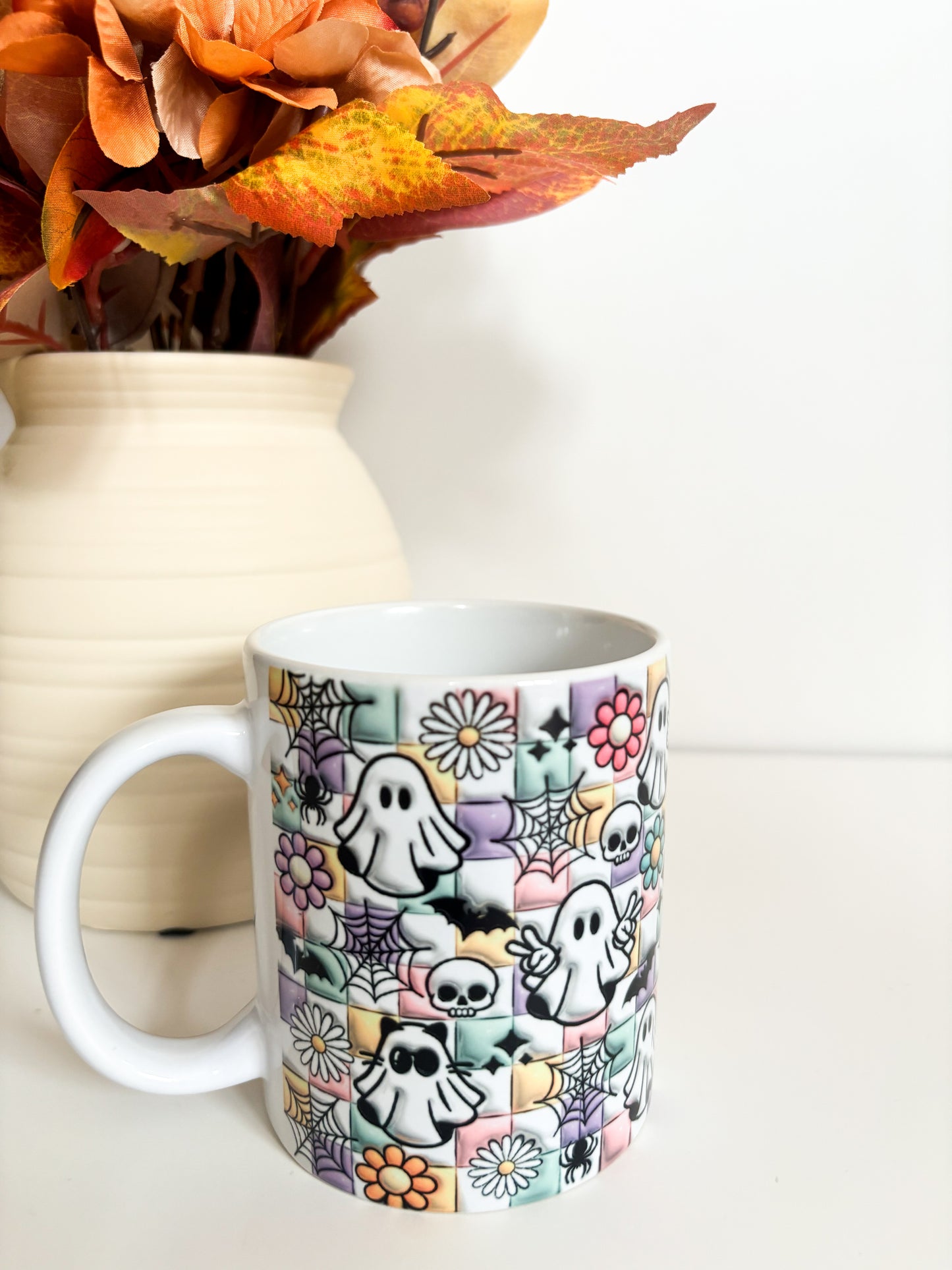 Halloween Cute Ghosts Ceramic Mug | 11oz Pastel Checkerboard Coffee Mug